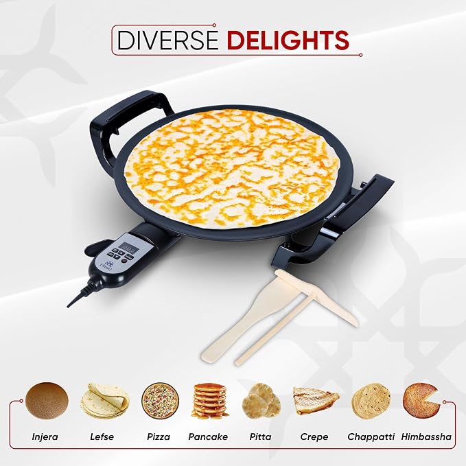 Ethniq 18.5" Electric Griddle for Ethiopian Injera, Somalian Anjero, Crepe, Lefse, Mogogo, Mitad, Pancake Teff Injera Maker - Adjustable Digital Heat Control - Non-Stick Surface -