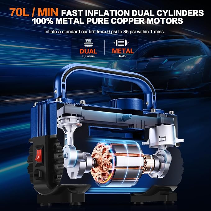 GSPSCN 12V Heavy Duty Tire Inflator Metal Portable Air Compressor Pump | 6X Faster Inflation Double Cylinders 150PSI Air Pump with Adapter for Car, RV,Pickup Truck, SUV, Van,Camper, Air Bed,Ball
