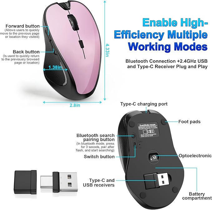Mouse for MacBook Bluetooth Wireless Mouse Laptop MacBook Air Mac Pro Silent Rechargeable PC iPad Optical Mouse with Jiggler Dual Mode Switch Bluetooth 5.2/3.0 and 2.4GHz USB Type-C Receiver BLACK