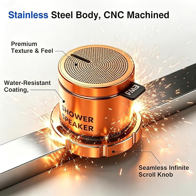 EWA Shower Speaker, Magnetic Portable Bluetooth Speaker with Phone Stand,Metal Portable Wireless Mini Speakers Waterproof with Rotary Control,for Bathroom Gym Home, Birthday Gifts (Orange)