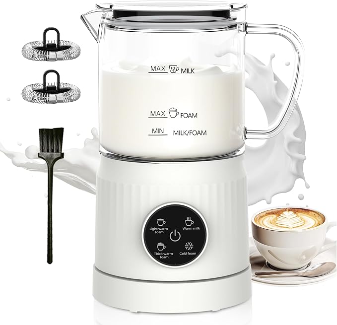 4-in-1 Electric Milk Frother and Steamer for Whole Milk, LED Touch Screen, Cold and Warm Foam Maker, Ceramic-Coated, 13.52oz for Lattes, Cappuccinos and Hot Chocolate, Auto Shut-Off, Cream White