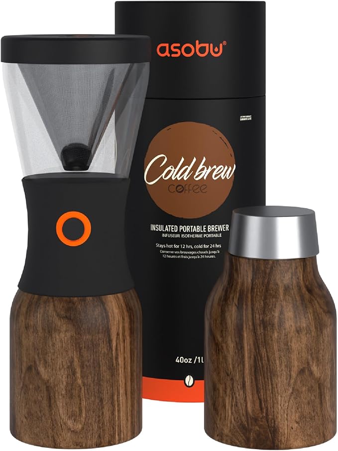 asobu Cold Brew Coffee Maker, Award-Winning 40oz Insulated Cold Brew Brewer with Portable Stainless Steel Carafe – No.1 Europe Coffee Fest Winner, Leakproof, BPA-Free, Keeps Cold 24H