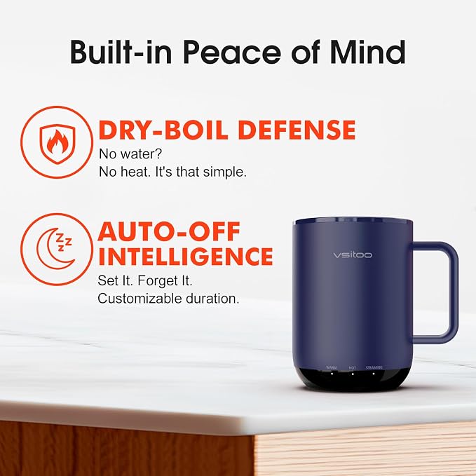 VSITOO S3 Plus 14oz Self Heating Coffee Mug with Auto-Sensing AI - Smart Rechargeable Heated Mug, Temperature Control 120-150℉, IPX7 Waterproof, Coffee Warmer Gift for Women Men-Blue
