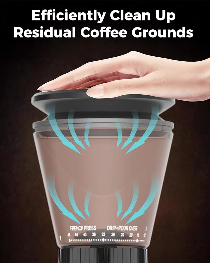 Tuni G1 Conical Burr Coffee Grinder, 48 Grind Settings Anti-static Burr Mill, Precision Electronic Timer and LED Touchscreen for Espresso/Drip/Cold Brew/French Press, Stainless Steel, Noir