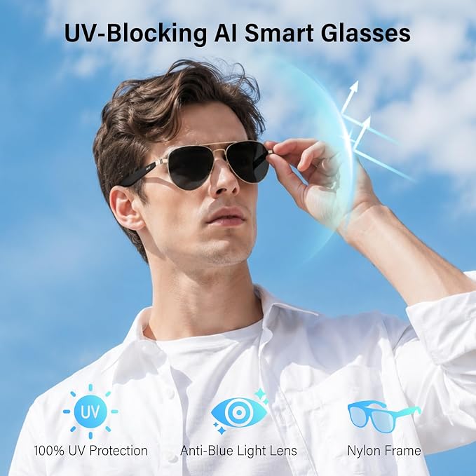 GetD AI Smart Glasses for Men Women with Classic Aviator, Nylon Polarized Bluetooth Sunglasses, Smart Sunglasses with ChatGPT AI Translation with for 145 Languages