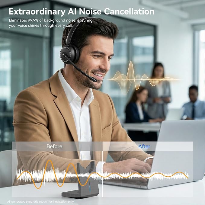 Wireless Headset with Mic for Clear Work Calls, Bluetooth 5.2 Headset with Noise Cancelling Microphone & Mute Button, 40H Talk Time for Zoom Teams, Home Office, PC Mac Laptop Phone (Glossy Black)