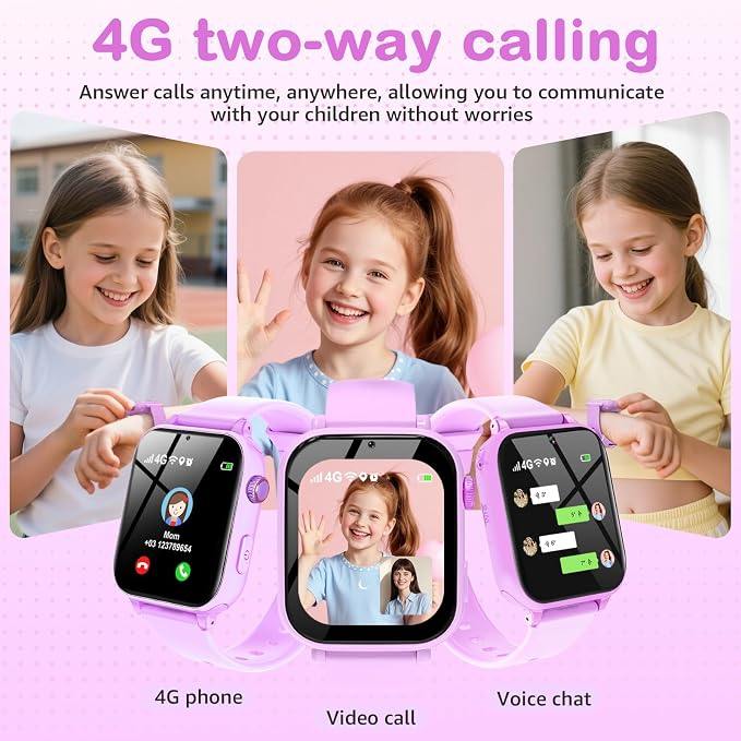 Kids Smart Watch for Boys Girls, 4G Smartwatch Phone for Children with GPS, Call, SOS, Video/Voice Chat, Parental App, Alarm, HD Touchscreen Watches for Kid Gifts Ages 4-12,Bright Rose