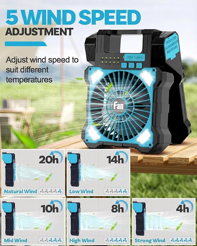 22000mAh Camping Solar Fan, Dual-Panel Rechargeable Solar Powered Fan with LED Light, 5 Adjustable Speeds Battery Powered Portable Fans, USB-C Fans for Travel Tent Home Camping Accessories