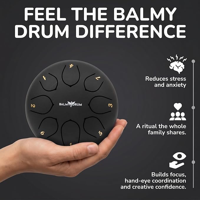 Balmy Drum Steel Tongue Drum 6 inch 8 Notes 440Hz, Handpan Drum with Music Book, Mallets, Carry Bag, Finger Picks, Rain Drum for Outdoor, Meditation Yoga Calming Instruments for Adults Kids (Black)