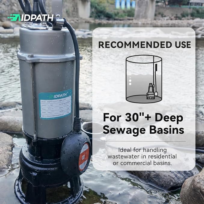 1HP Submersible Sewage Grinder Pump, Stainless Steel Housing, 2" NPT Discharge - For 30"+ Deep Sewage Basins, Septic Tanks, 52.5ft Head 6076GPH Max Flow, 115V