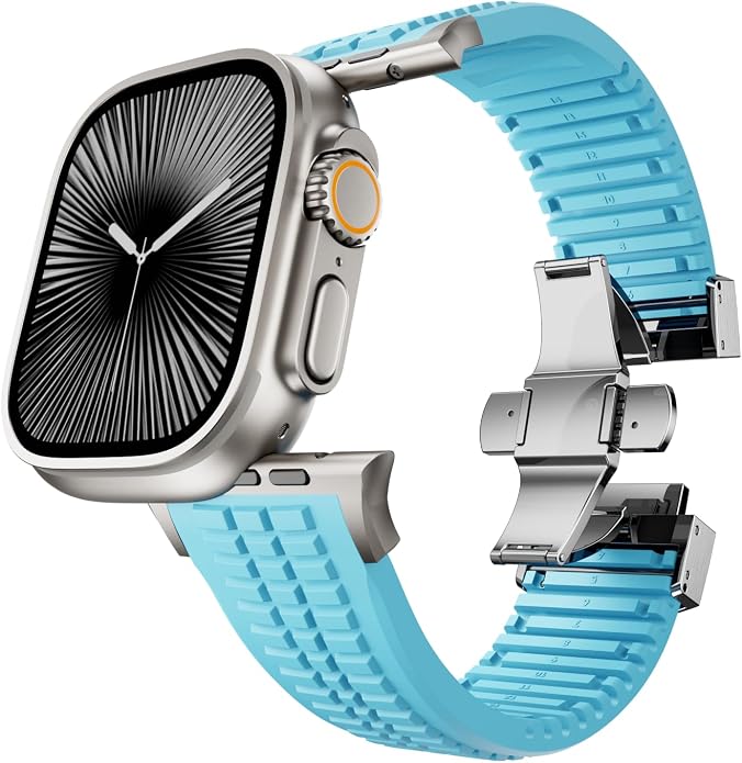 Silicone Watch Band Compatible with iWatch Ultra 2 / Ultra/Series 10 9 8 7 (44mm 45mm 46mm 49mm), Sport bands with Folding buckle, Rugged Heavy Duty Modern Design for Men