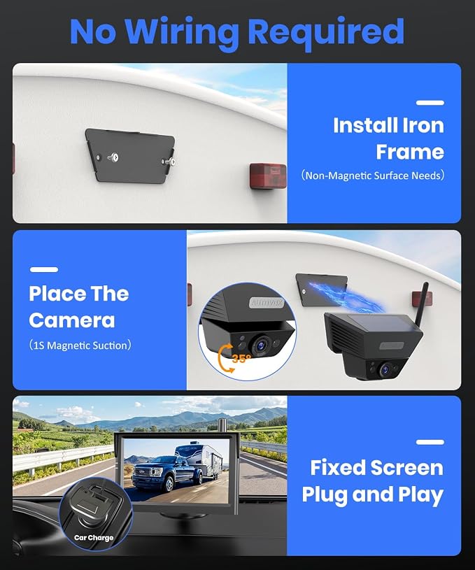 AUTO VOX Wireless Backup Dual Camera Solar Magnetic: Portable Storage Bag Include,1-Min Easy Installation,5" 1080P Monitor, 380FT Signal Stable Coverage Back Up Camera for Truck, SUV, RV,Trailer, Van
