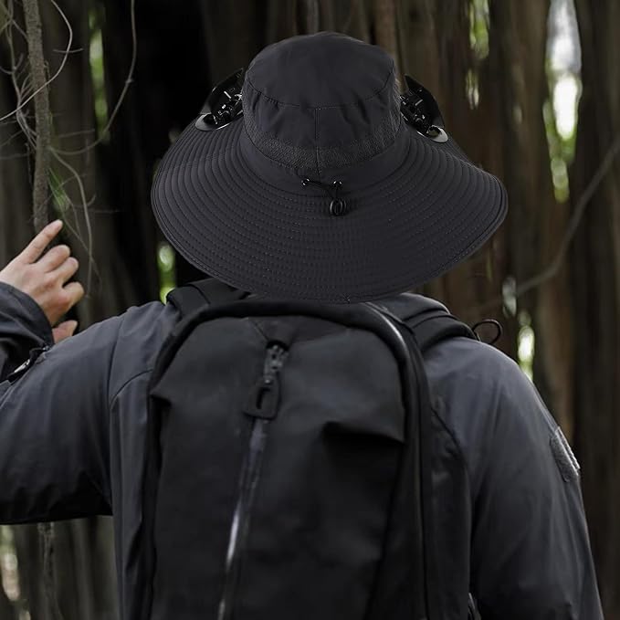 Outdoor Solar Powered Fan Hat for Men Women Breathable Wide Brim Hat with 2 Fans UPF 50+ Fishing Hat Beach Bucket Sun Hat