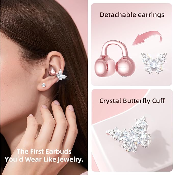 Kinglucky Gen2 Clip-On Open Ear Earbuds with Sparkle Butterfly Earrings, Earrings-On Storage Case, Bluetooth 5.4 Wireless Headphones for Women, 40H Playtime, Comfortable Fit for Small Ears, Rose Gold