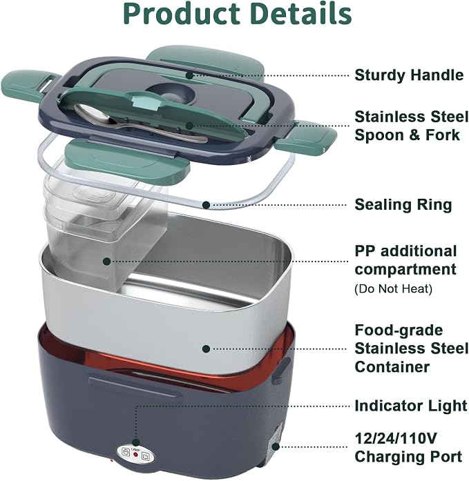 Electric Heated Lunch Box for Adults with 2 Pack 1.5L Containers, Portable 100W 3-IN-1 Fast Heated Lunch Box for Men, Portable Heating Food Warmer,12V/24V/110V for Car Truck Office Home Travel