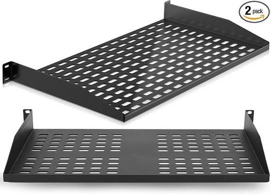 Pyle 2-Pc 1U Server Rack Shelf, Vented Shelves for Good Air Circulation, Cantilever Mount, Wall Mount Rack, Universal Device, Cabinet Shelf, Computer Case Mounting Tray, Black-Pyle PLRSTN14UX2