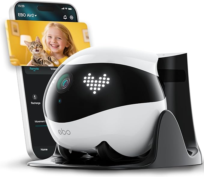 Enabot EBO Air 2 Mobile Pet Camera Robot: 2K FamilyBot with Two-Way Talk | Family Companion with Whole-Home Mobility, Custom Pixel Facial Expression, Auto-Recharge, Night Vision, Long Distance Gift