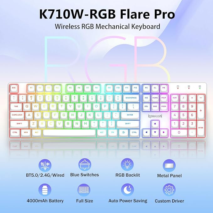 Redragon K710 Wireless Mechanical Gaming Keyboard, Bluetooth/2.4G/Wired Tri-Mode, RGB Backlit, Clicky Blue Switch, Rechargeable Battery, Solid Metal Panel, PBT Keycaps for PC/Mac, White