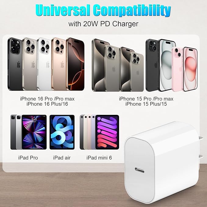 Fast Charging for iPhone 16 15 Charger,2Pack 20W Apple USB C Charger Block with 6FT USB C to C Charging Cable for iPhone 16 Pro max/16 Pro/15 Pro/15Plus/iPad Pro 12.9 11/iPad Air 5 4/iPad mini 6