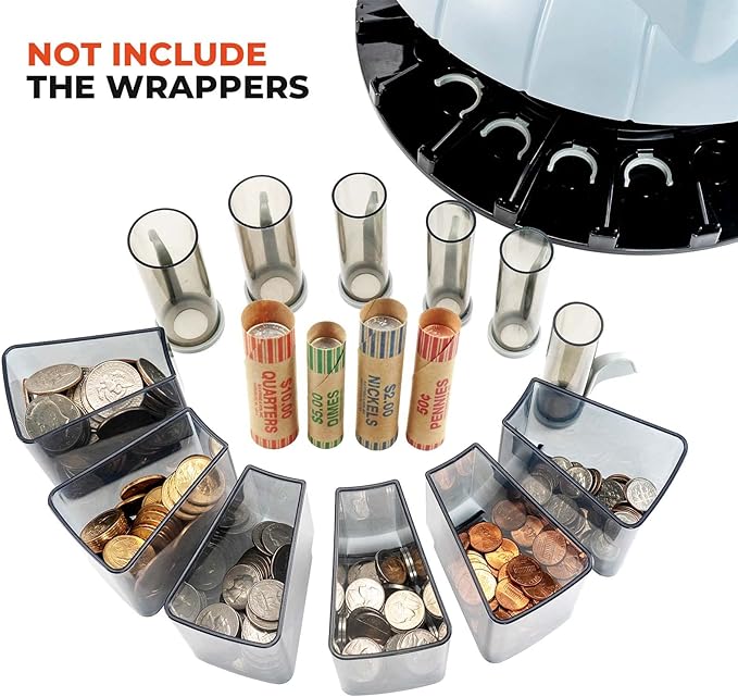 MUNBYN Coin Counter Machine, Coin Sorter Machine, 1¢, 5¢, 10¢, 25¢, 50¢ and Dollar, 250 Coins/min, Compatible with Printer, Batch Mode Change Counter Machine, 6 Bins and Tubes Roller