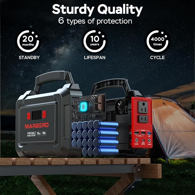 MARBERO Portable Power Station 350W Peak Camping Solar Generator Laptop Charger 296Wh Power Bank with AC Outlet 110V with Multi-Output LED Flashlights for CPAP Home Camping Hurricane Emergency