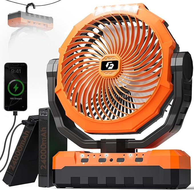 3-in-1 Camping Fan - 48000mAh Detachable Portable Fan Rechargeable with Light & Hook, Battery Powered Fans for Outdoor, Indoor, Tent, Fishing, Travel, Hurricane, Summer Gifts for Men - Orange