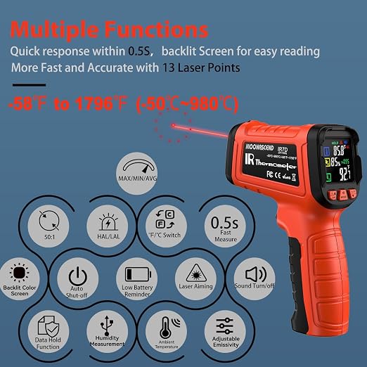Infrared Thermometer Gun, Include K-Type Probe for Humidity, -58°F to 1796° F Digital Laser Temperature Gun for Cooking, 16:1 IR Temp Gun for Griddle, Pizza Oven, Engine, HVAC, Industrial & Home Use