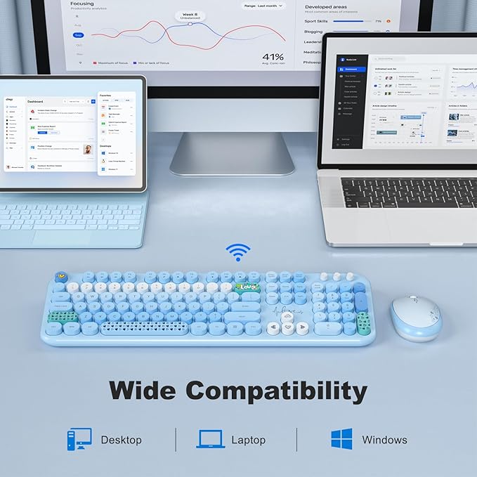 MOFII Wireless Keyboard and Mouse Combo - Pale Blue Full Sized Plug and Play Colorful Computer Keyboards - 104 Keys Round Keycap USB 2.4G Cute Keyboard for Windows/Laptop/Mac/Desktop/PC