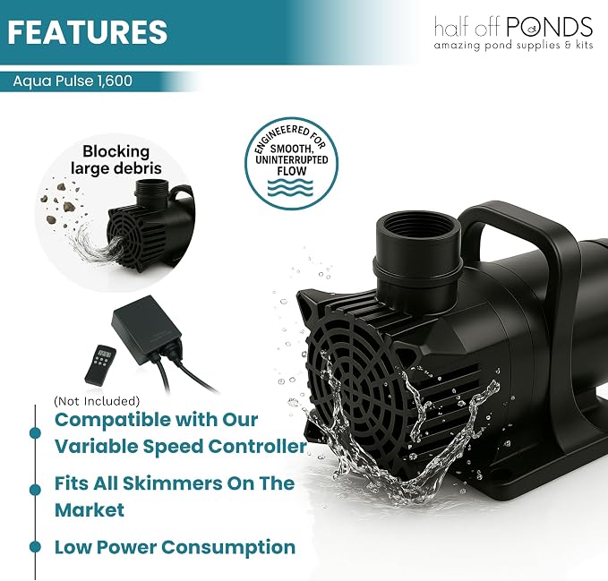 Aqua Pulse Submersible Pond Pump, 1,600 GPH, 33 ft Cord | 18 ft max head, 156W energy efficient, Ultra quiet, For koi ponds, Waterfalls, Fountains