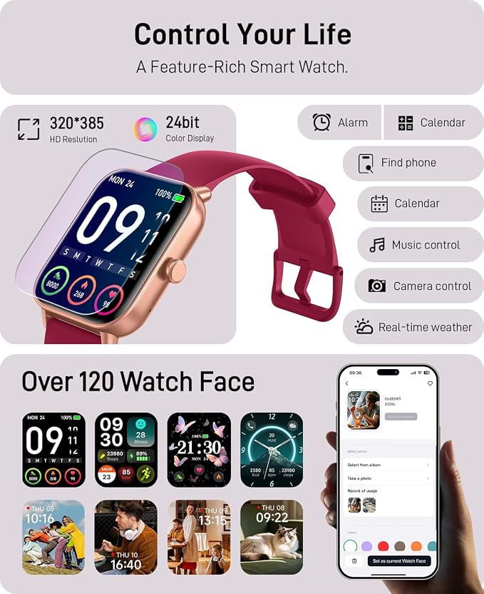 Hingso Smart Watches for Women, 1.85" Fitness Tracker for Android & iPhone | Bluetooth Call & Text Alert, Alexa Built-in, 24/7 Heart Rate/SpO2/Sleep/Cycles Monitor, 120+ Sports, IP68 Waterproof, 2 Bands