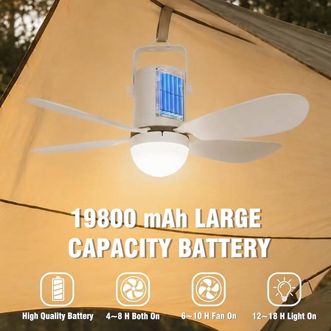 21” Solar Ceiling Fan Light, Solar Outdoor Ceiling Fan Light with Remote and Hook, Portable Wireless Rechargeable Outdoor Hanging Fans for Camping RVs Patio Canopy Chicken Coop Outside