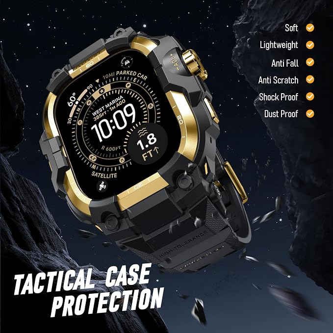BXUXOHS Rugged Case and Band for Apple Watch Ultra 3/2/1 49mm Men, Military Grade Shockproof Bumper Cover, with 2 Pack Screen Protector, Tactical Band Case for iWatch Ultra 3 2 1 Man, Gold