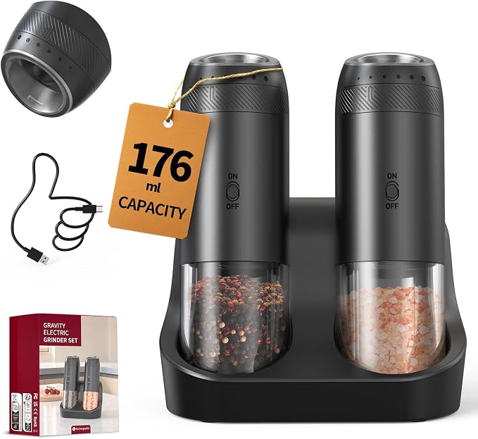 CIRCLE JOY Rechargeable Salt and Pepper Grinder Set, Gravity Sensor Electric Salt and Pepper Grinder Set with External Adjustment, 176ml Capacity and One-handed Operation, Black