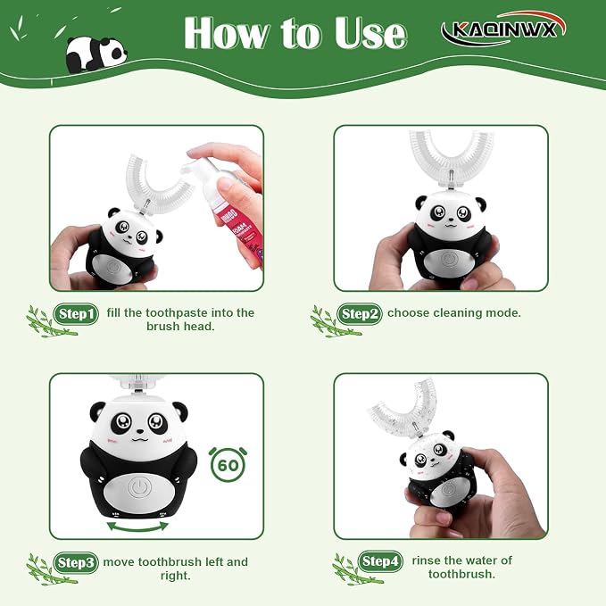 Kids U Shaped Electric Toothbrush for Age 2-12, Rechargeable Toddler Toothbrush with 60S Smart Timer, Panda Design, IPX7 Waterproof & 360°Cleaning,Develop Kids' Brushing Habits