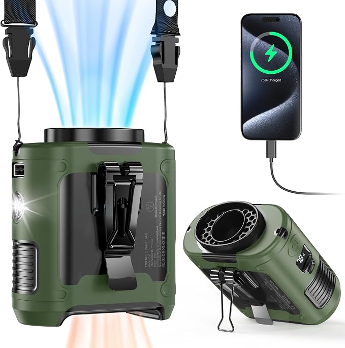 10000mAh Portable Waist Fan, Father Day Gifts for Husband Dad, Blue Collar Worker Belt Clip Fan with Light, Essentials for Camping Gardening, 40H 16000RPM Rechargeable Cooling Gadgets for Men 2026