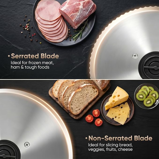 Sakerplus Electric Meat Slicer, 200W Food Slicer Machine with 2 Blades, 0-15mm Adjustable Thickness, Removable Blade, Food Pusher & Safety Guard for Meat, Bread, Vegetables