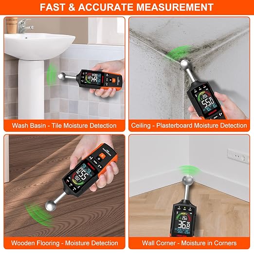 LASELION MS04 Pinless Moisture Meter with Ball Probe for Non-Destructive Area Scans Ideal for Wood Walls and Construction Materials Customizable Humidity Alarms Built-in Flashlight