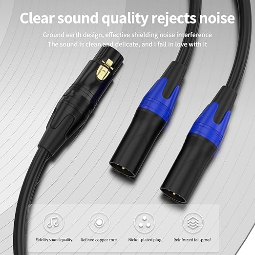 XLR Y Splitter Cable 2 Male to 1 Female, Microphone XLR Breakout Cable Balanced Left and Right Dual Male to Single Female, for Mixer/Speaker/MIC, 3.3FT-2Pack