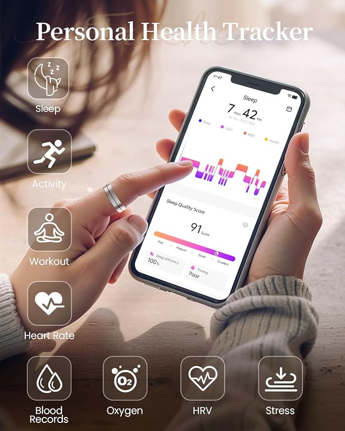 Fvtga Smart Ring for Women Men, Health Tracker with Digital Charging Case, 24/7 Heart Rate SpO2 Sleep Stress Monitoring, IP68 Waterproof Fitness Ring, No Subscription Fee, iOS Android(Silver, 10)