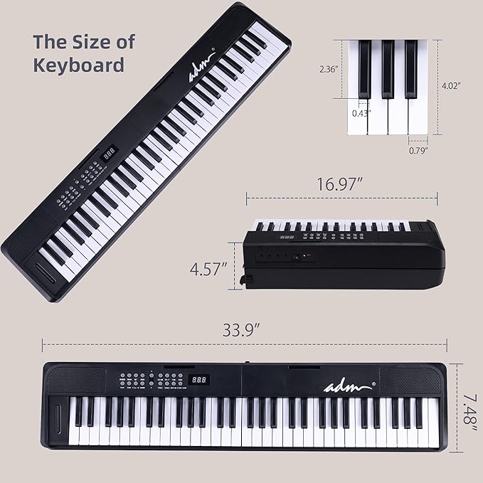 ADM 61 Key Folding Electric Piano Keyboard, Foldable Electronic Keyboard, Wireless 128 Tones, 128 Rhythms Includes Pedal, Gig Bag, Headphones for Beginners, Students, Teenagers, Adults, Black