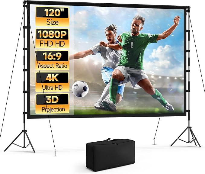 120 Inch Projector Screen with Stand, 16:9 4K HD Portable Projector Screen, Indoor Outdoor Front/Rear with Carry Bag for Home Theater Backyard Camping Movie Night