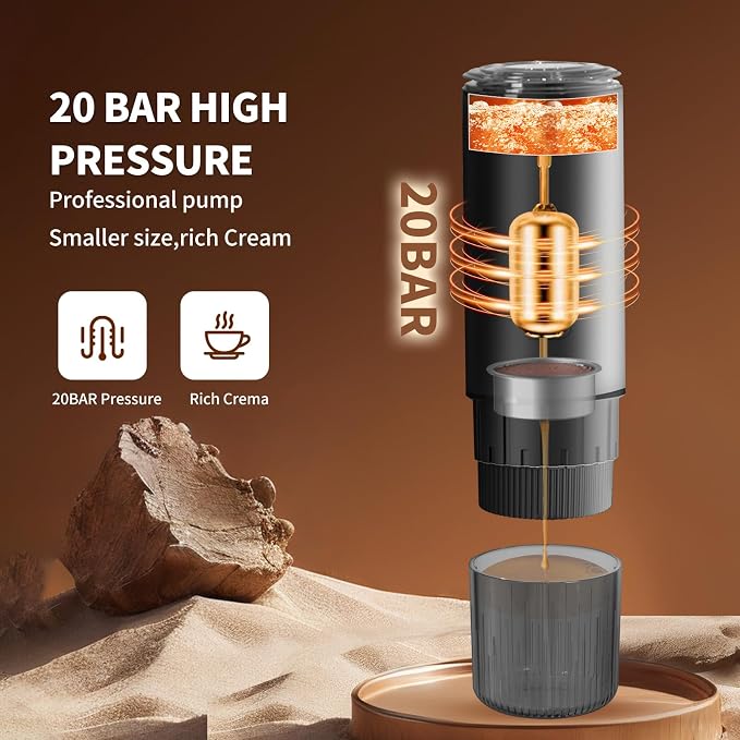 Portable Espresso Machine, 20Bar Self‑Heating & Cold Brew Coffee Maker, Rechargeable 7500mAh, 3‑in‑1 for Nespresso & Ground Coffee, Travel Coffee Machine for Camping Car (Black)