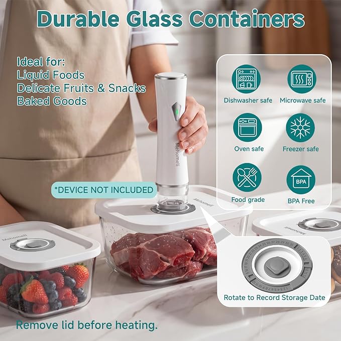 Mehomeli Glass Vacuum Seal Containers for Food Storage, 3pcs set [1x Small, 1x Medium, 1x Large],Works with Handheld Vacuum Sealer for Freezer, Liquid & Delicate Foods,BPA-Free, with Date Tracking Lid