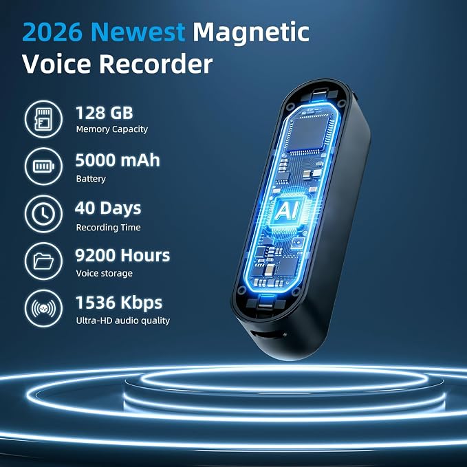 128G Magnetic Voice Activated Recorder,40 Days Continuous Recording Device,5000mAh Audio Recorder with AI-Intelligent Triple Noise Reduction,Voice Recorder with Playback for Work Lectures Meeting
