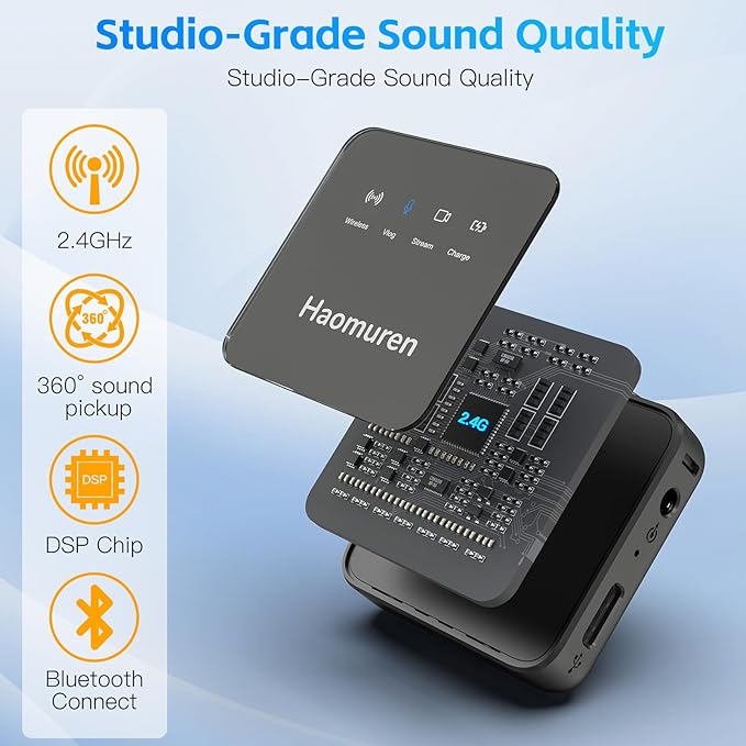 Haomuren Wireless Lavalier Microphone 2 Pack,Wireless Microphone,Compatible with iPhone,Android,Camera,iPad,Tablet,PC,Noise Cancel,Echo,Bluetooth Lapel Mic for Video Recording,Stream,Vlogs