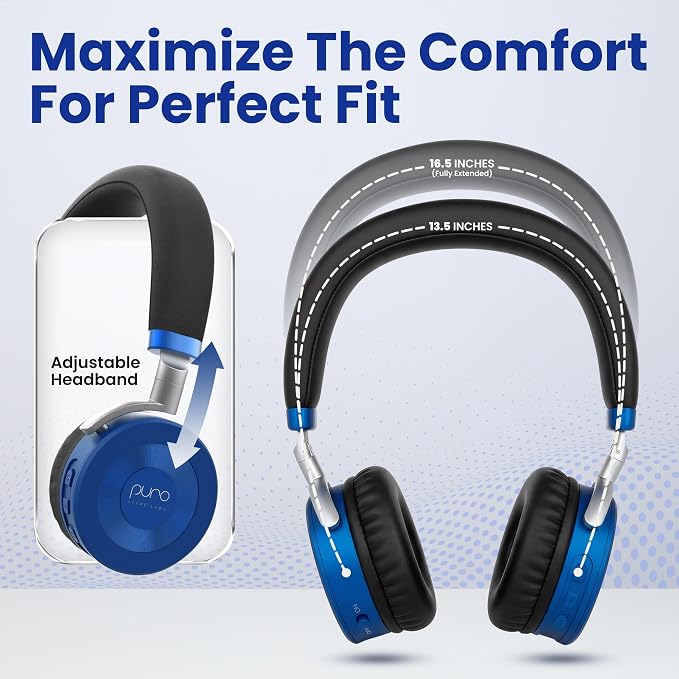 Puro Sound Labs JuniorJam Plus Volume-Limiting Wireless Bluetooth Headphones for Kids, Secure Audio with Adjustable On-Ear Design, 22-Hour Battery Life, Ideal for Tablets, Smartphones & PCs - Blue