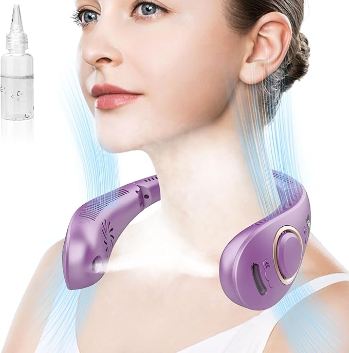 Portable Neck Fan Rechargeable,Bladeless Misting Fan Around Neck Fans that Blow Cold Air,Wearable Cooling Fan Mister Over the Neck,Headband Mobile Nevk Cooler Best Gifts for Women Men Adults Purple