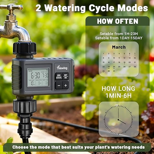 Thiswing 360° Adjustable Drip Irrigation System - 100 FT Automatic Garden Watering System with 32 Nozzles & Water Timer, Raised Bed Sprinkler System, Garden Mister for Yard, Lawn, Plants, 5/16" Tubing