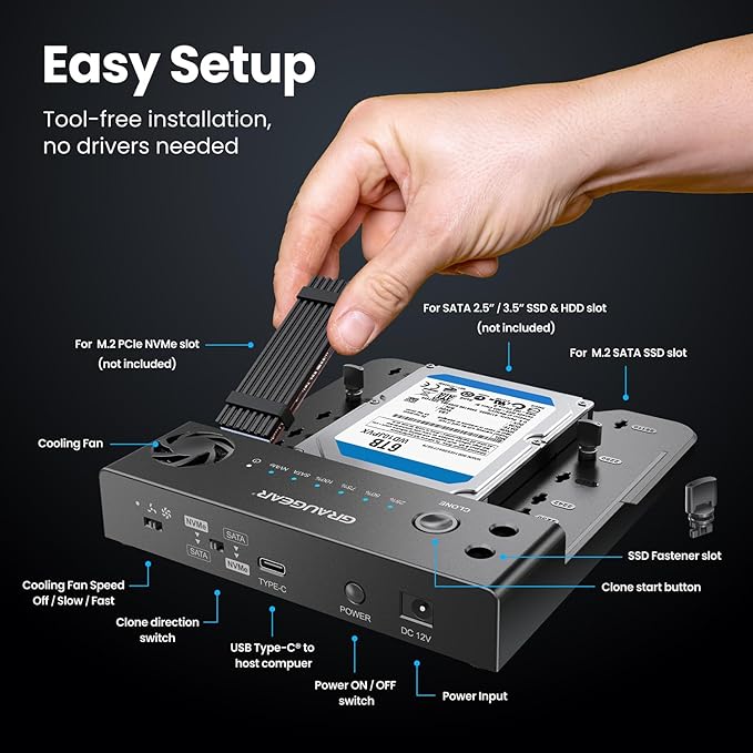 GRAUGEAR NVMe M.2 & SATA SSD/HDD Hard Drive Docking Station, USB-C 10Gbps NVMe Reader, SATA to M.2 NVMe Cloner, 2.5/3.5 Hard Drive Enclosure Clone Station, Dual Bay Offline Clone