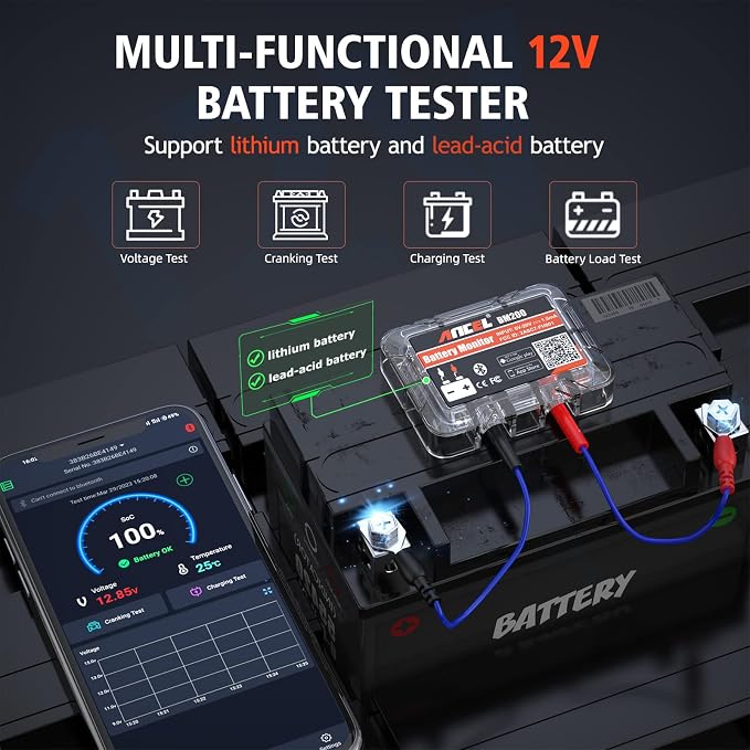 ANCEL VOD700 All System OBD2 Scanner, ANCEL BM200 12V Car Battery Tester, Bluetooth 4.2 Automotive Battery Monitor Auto Battery Load Analyzer for Lithium & Lead-Acid Batteries with Cranking Test